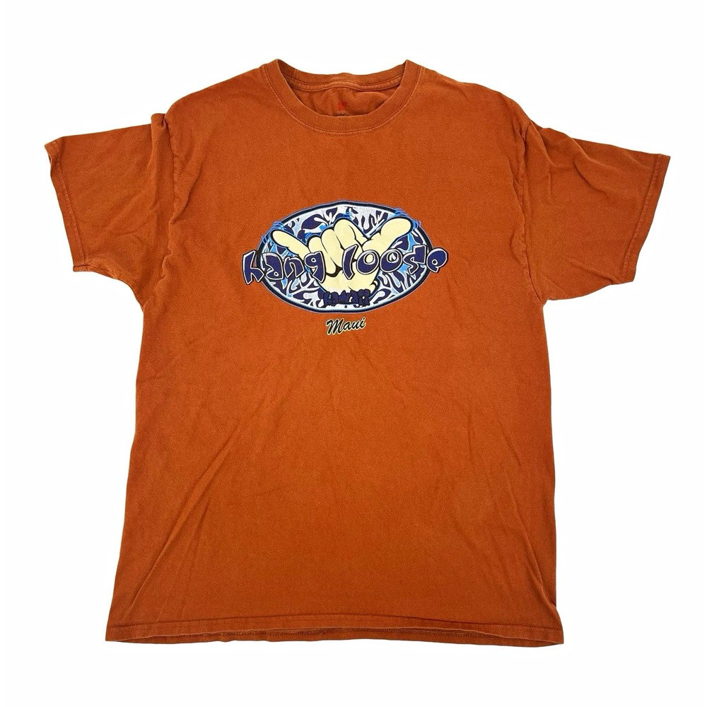 Comfort Colors Orange Hang Loose Shaka Graphic Crew Neck Cotton Tee Men's L